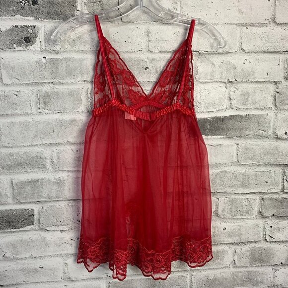 Fredricks of Hollywood Red Sheer Mesh Lace Babydoll Camisole Slip Lingerie - Picture 6 of 16